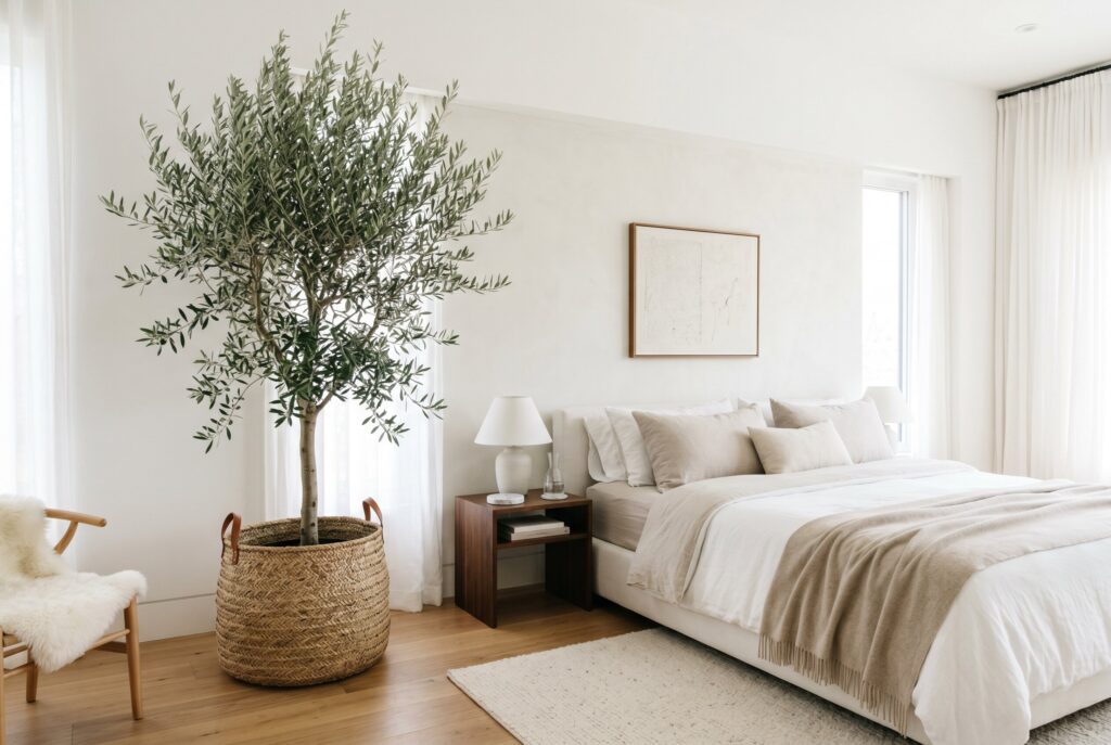 Oversized olive tree in white bedroom with woven basket and soft neutral decor.