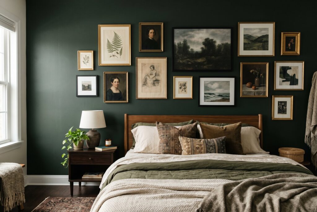 Asymmetrical gallery wall on dark green bedroom wall with vintage framed artwork.