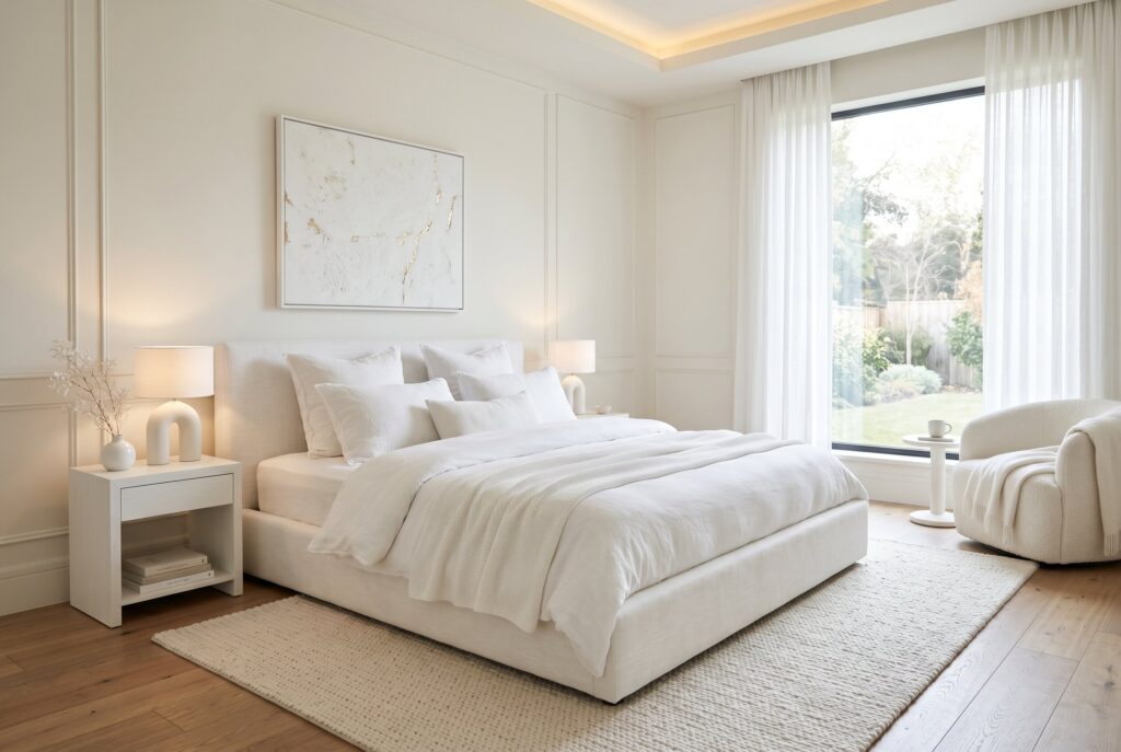 Low profile platform bed in white bedroom with layered cream bedding and warm lighting.