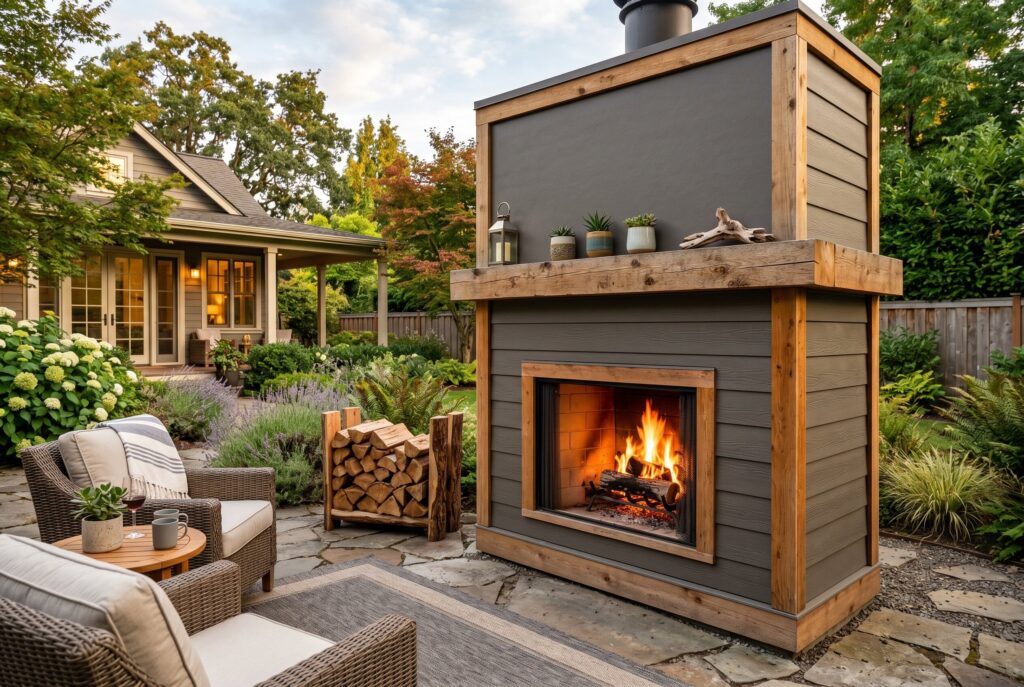 Modern Hardie board diy outdoor fireplace with clean lines and contemporary patio furniture. 