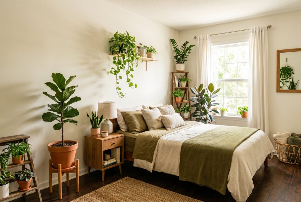 Indoor jungle bedroom with layered greenery and neutral bedding accents.