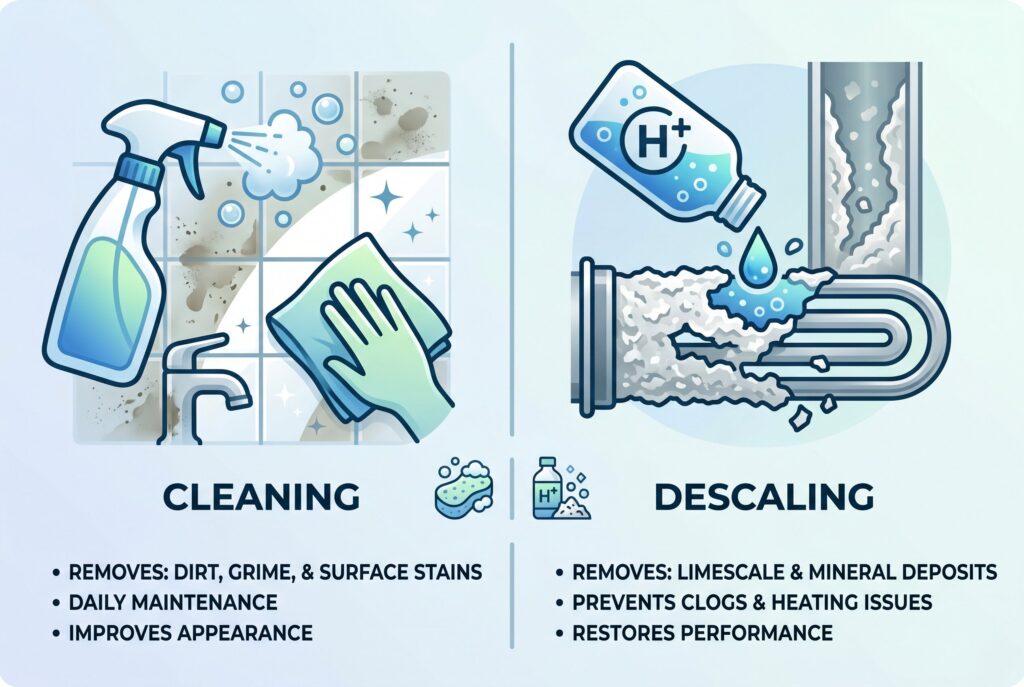 Cleaning vs descaling coffee maker infographic showing mineral buildup and coffee residue removal.