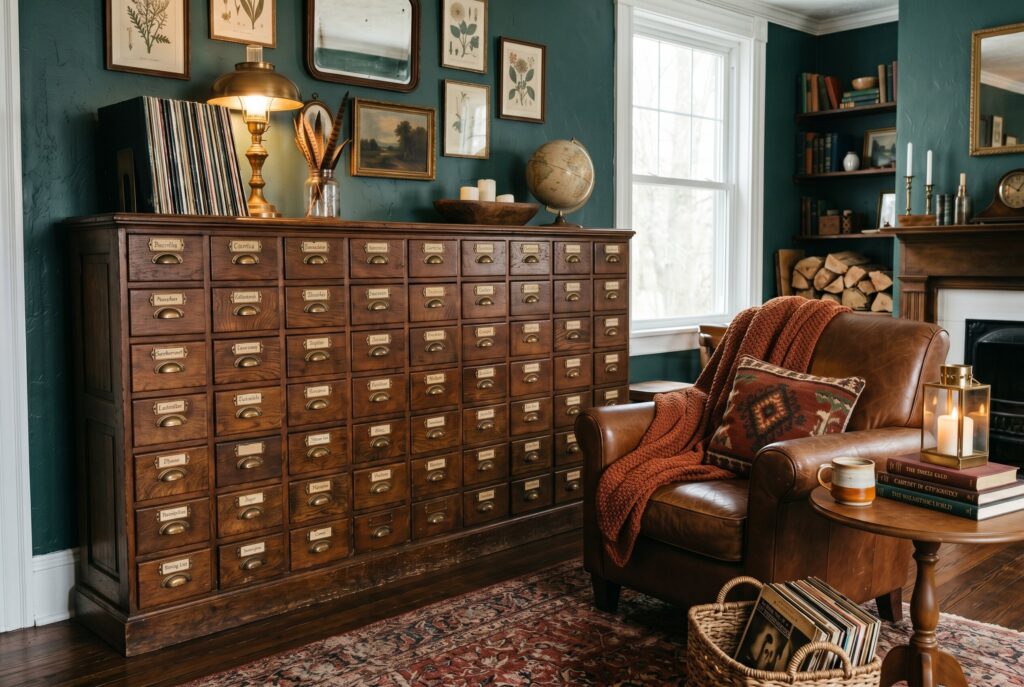 Apothecary cabinet storage wall with vintage drawers and leather reading chair. 
