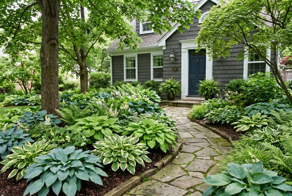 Hosta garden for shady front yard landscaping with stone pathway and mature trees.