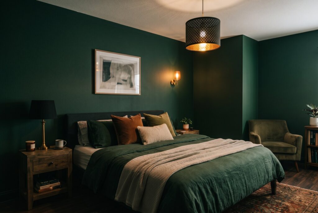 Layered warm lighting in dark green bedroom with sconces, pendants, and cozy ambiance.