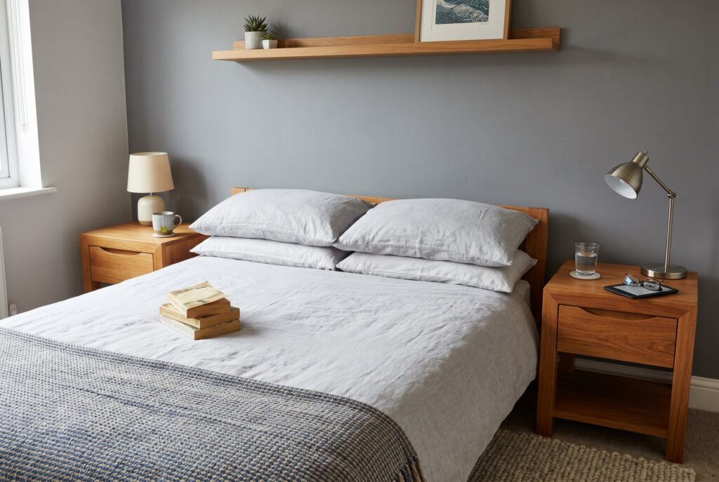 Minimalist couple bedroom with gray accent wall and balanced wood nightstand styling. 
