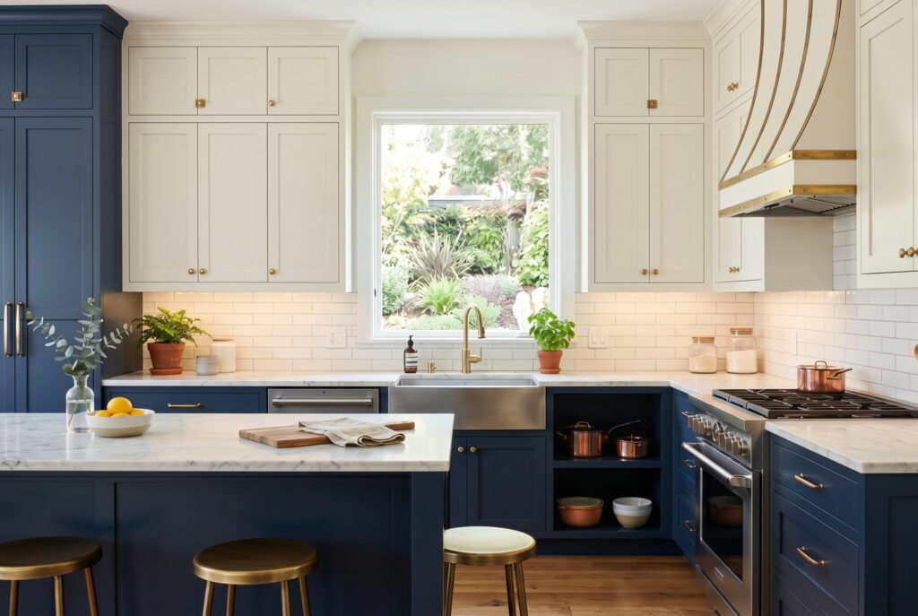 Classic navy and white kitchen with marble countertops, brass accents, and large center island.