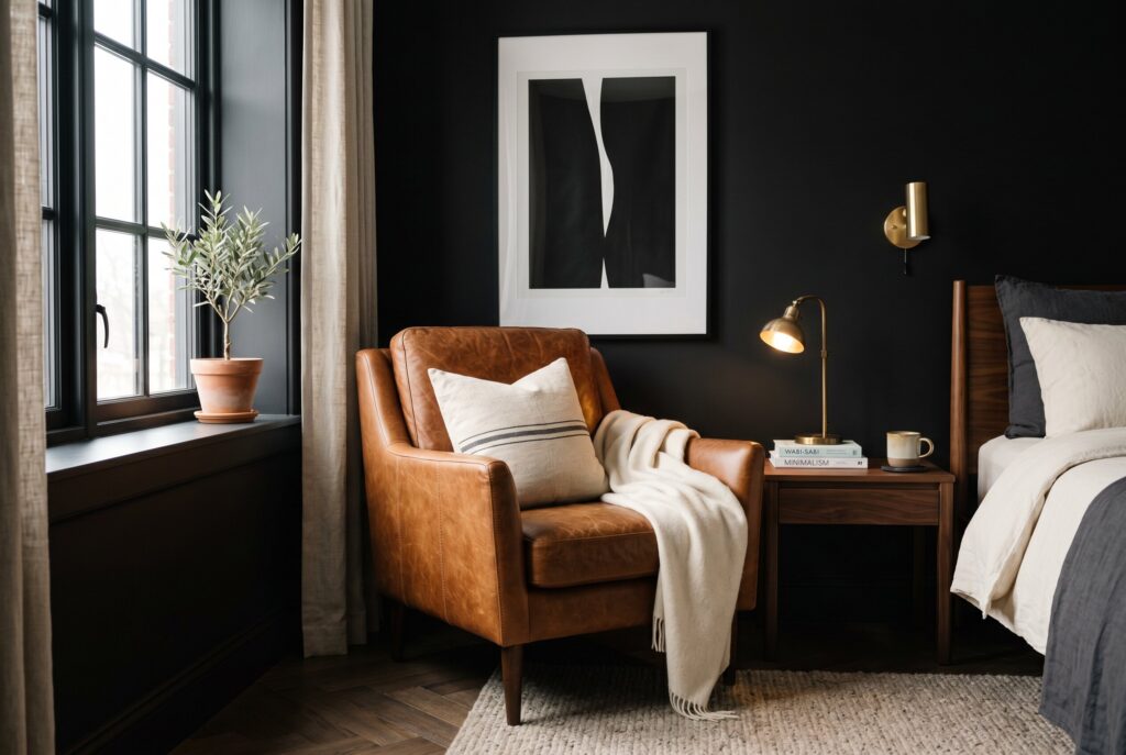 Cognac leather accent chair in black bedroom with brass lighting and warm wood decor.