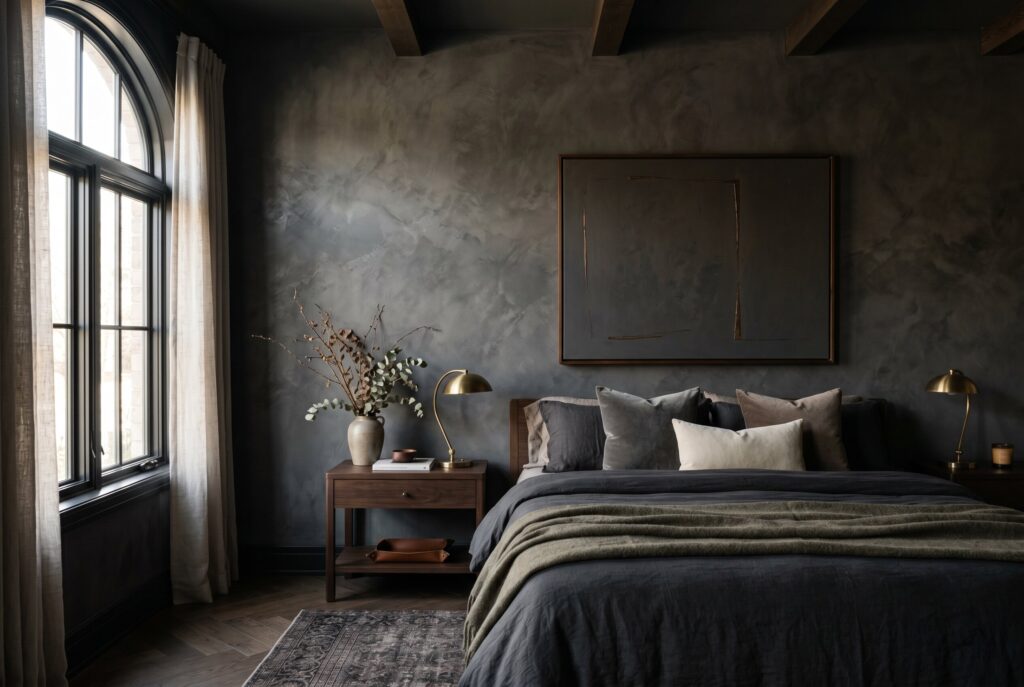 Textured limewash plaster walls in dark bedroom with layered neutral bedding. 