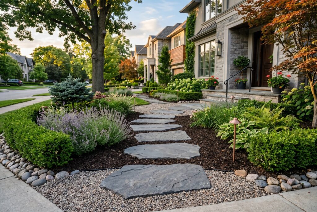 Stepping stone pathway through mulch beds with shrubs and front yard plantings.