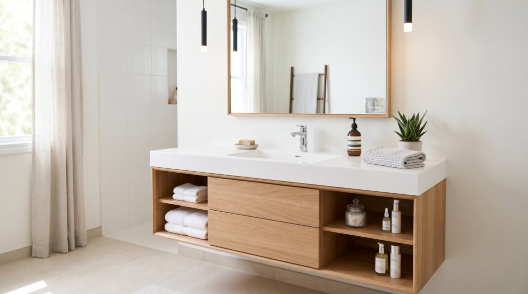 How to organize bathroom cabinets with modern wood vanity and minimalist bathroom storage.