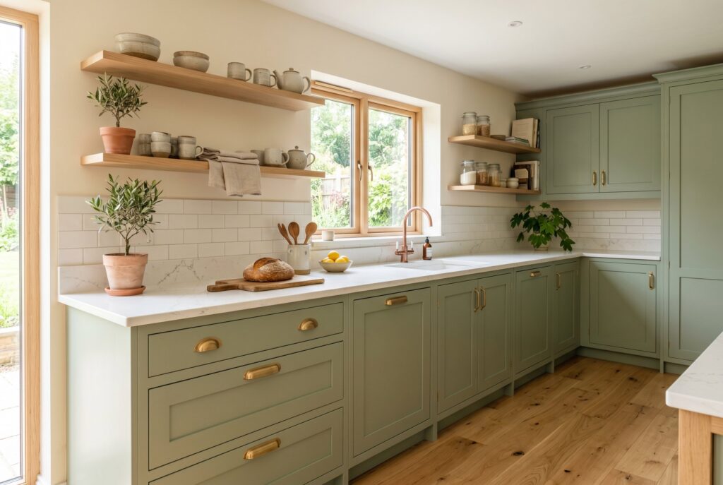 Bright sage green kitchen with open wood shelving, brass hardware, and natural oak flooring.
