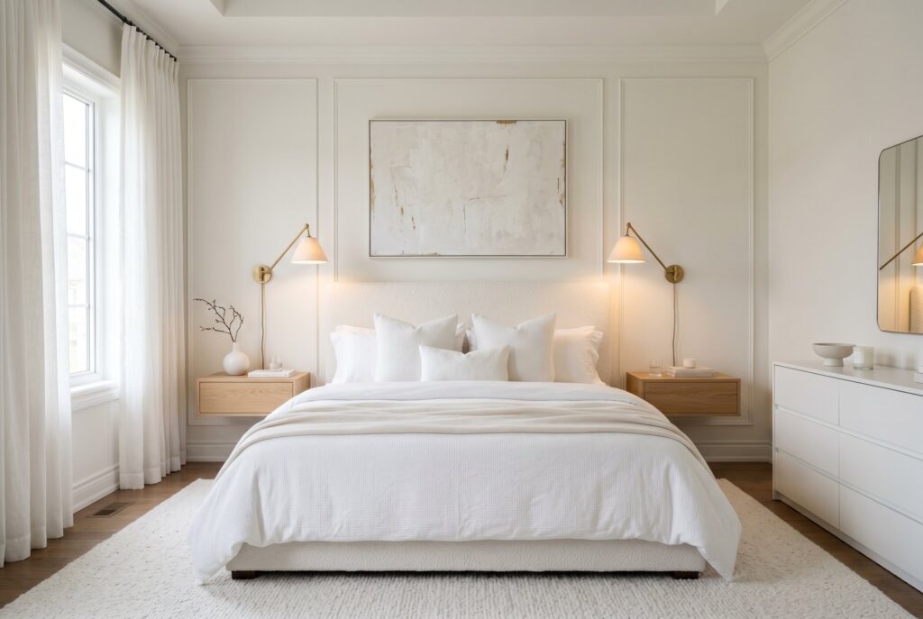 Wall mounted brass sconces in white bedroom with hotel style minimalist decor.