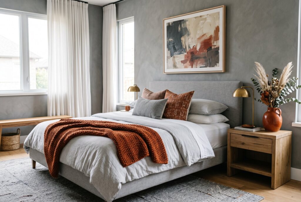 Rust accent accessories in gray bedroom with warm neutral bedding and abstract art. 