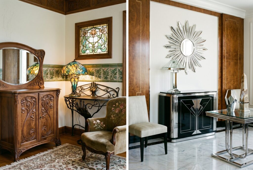 Handcrafted Art Nouveau furniture beside glossy Art Deco furniture with chrome and mirrored surfaces.