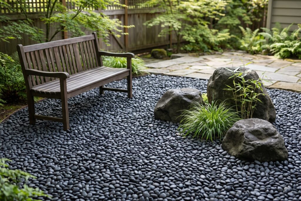 Barefoot Zen garden with black beach pebbles, natural boulders, and minimalist landscape design.