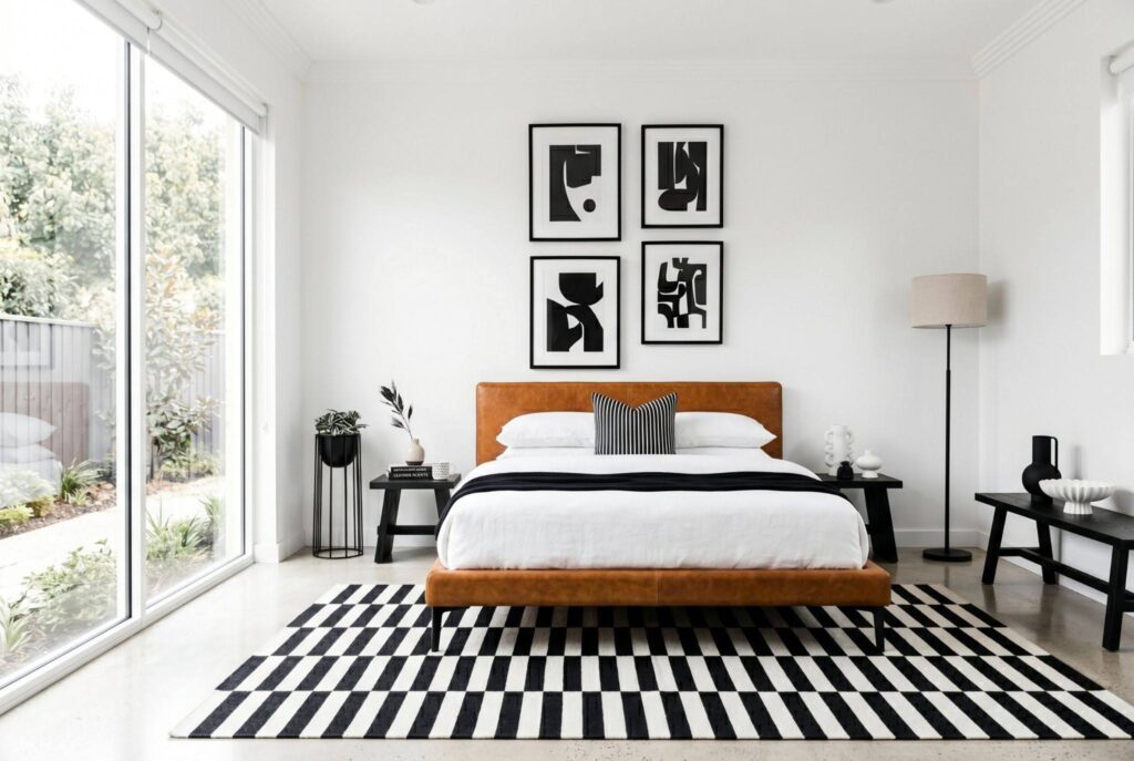 Cognac leather bed frame with black and white rug in minimalist modern bedroom. 