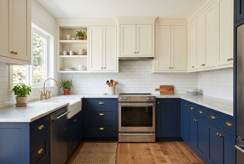 Classic blue and white kitchen with marble countertops, brass hardware, and warm wood flooring.