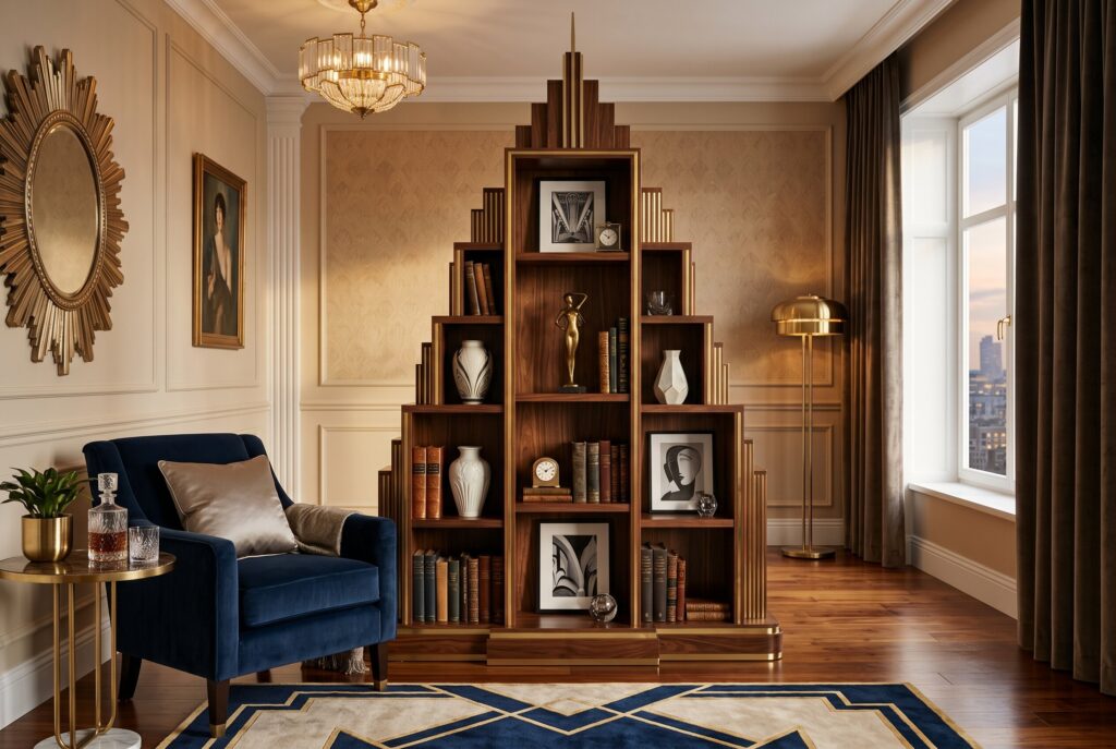 Skyscraper bookcase with geometric shelving in luxurious Art Deco interior design. 