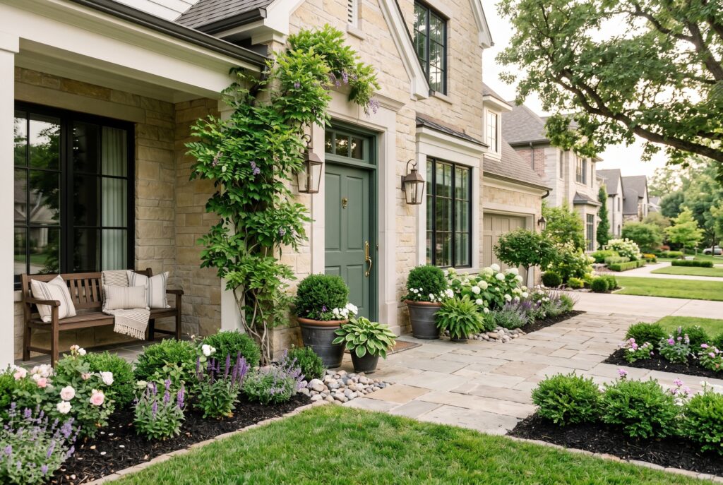 Painted sage green front door with simple landscaping and modern curb appeal.
