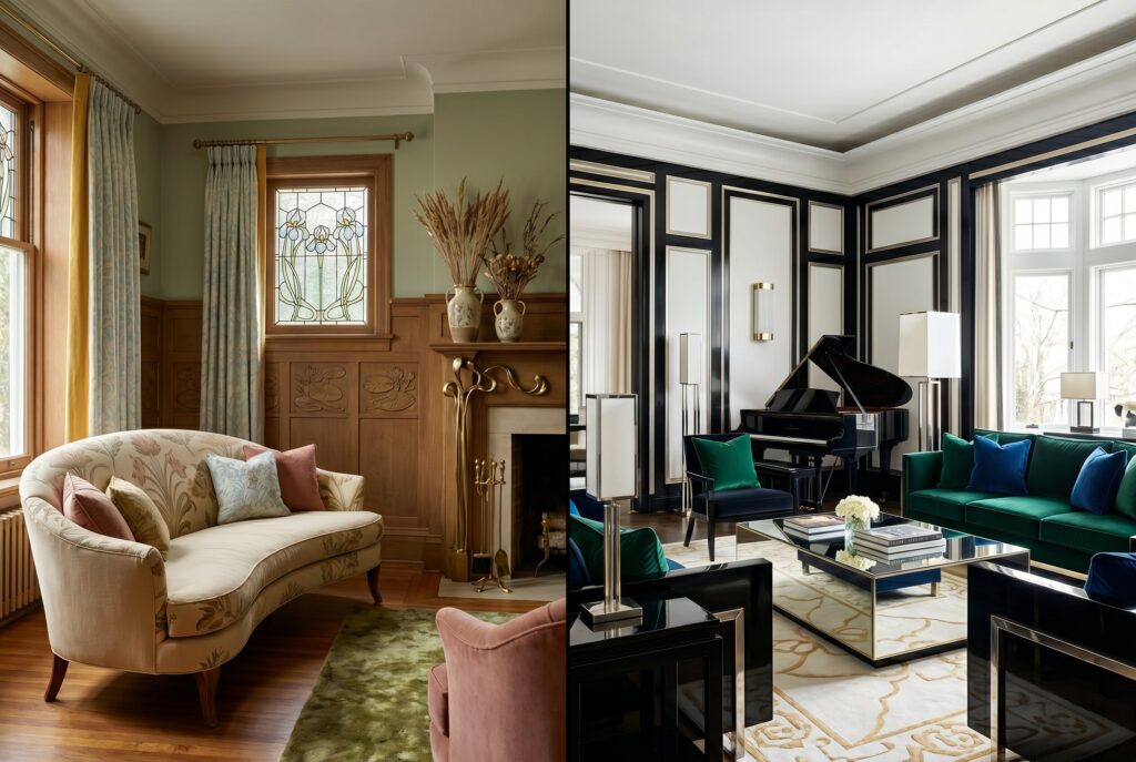 Art Nouveau living room with earthy tones beside black and white Art Deco living room interior.