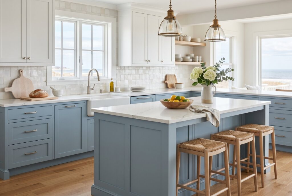 Coastal-inspired kitchen with soft blue cabinets, white island, and bright airy natural light.
