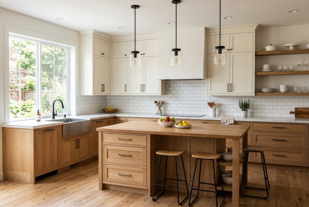 Modern farmhouse kitchen with white upper cabinets and natural wood lower cabinets.