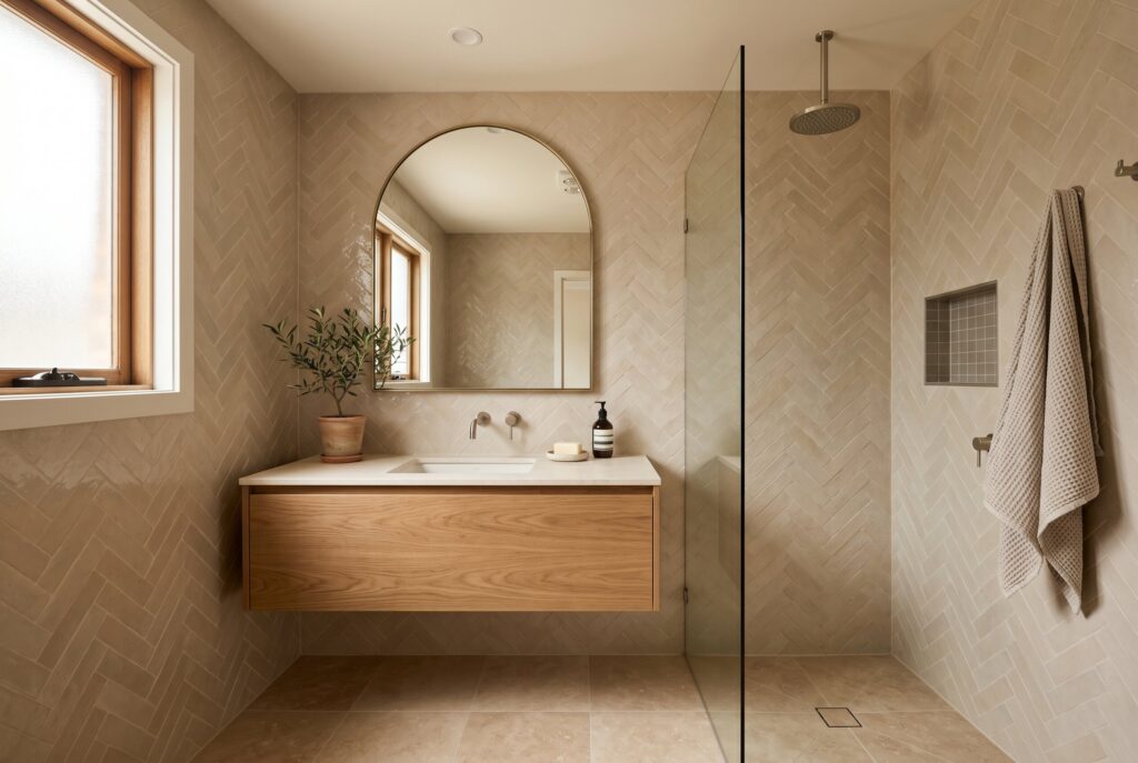 Tone on tone neutral bathroom tile palette with beige walls and modern vanity design. 