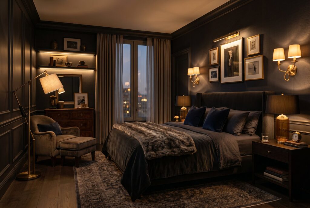 Layered lighting in dark bedroom with sconces, floor lamps, and warm ambient glow. 