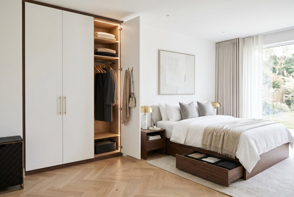 Smart bedroom storage ideas with under bed drawers and minimalist white wardrobe.