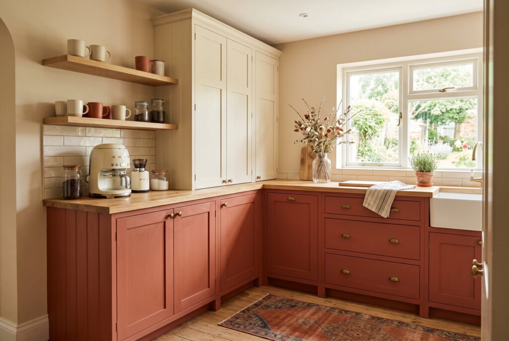 Charming terracotta kitchen with cream cabinetry, wood countertops, and vintage-inspired decor.