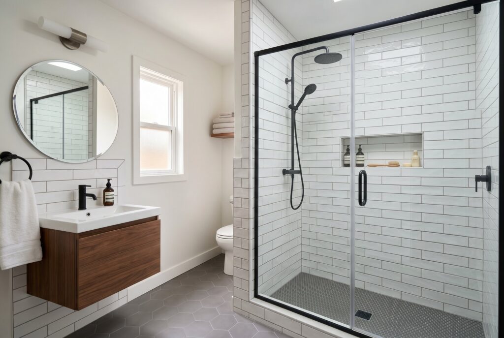 Floor to ceiling shower tile ideas with frameless glass and modern floating vanity. 