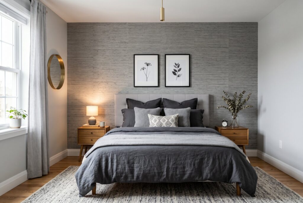 Removable wallpaper accent wall in gray bedroom with layered charcoal bedding. 
