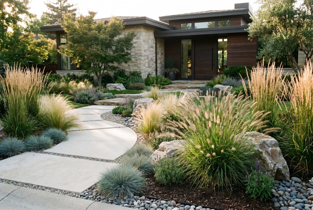 Ornamental grasses in modern front yard landscaping with curved concrete walkway.