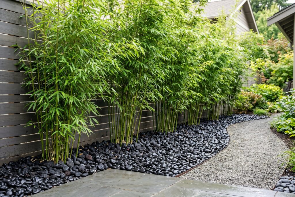 Bamboo privacy screen with black lava rock ground cover and Asian inspired garden design.