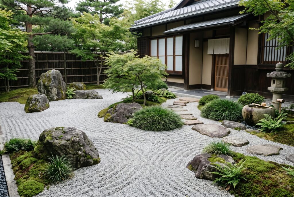 Zen Japanese rock garden with gravel, boulders, and low maintenance landscaping design.