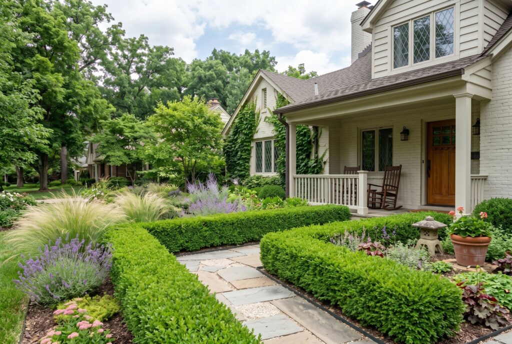 Structured boxwood hedge landscaping with stone walkway and evergreen curb appeal.