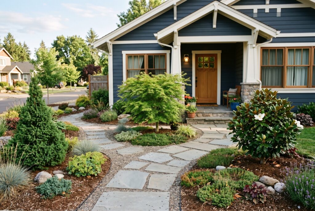 Dwarf tree front yard landscaping with curved walkway and low maintenance planting beds.