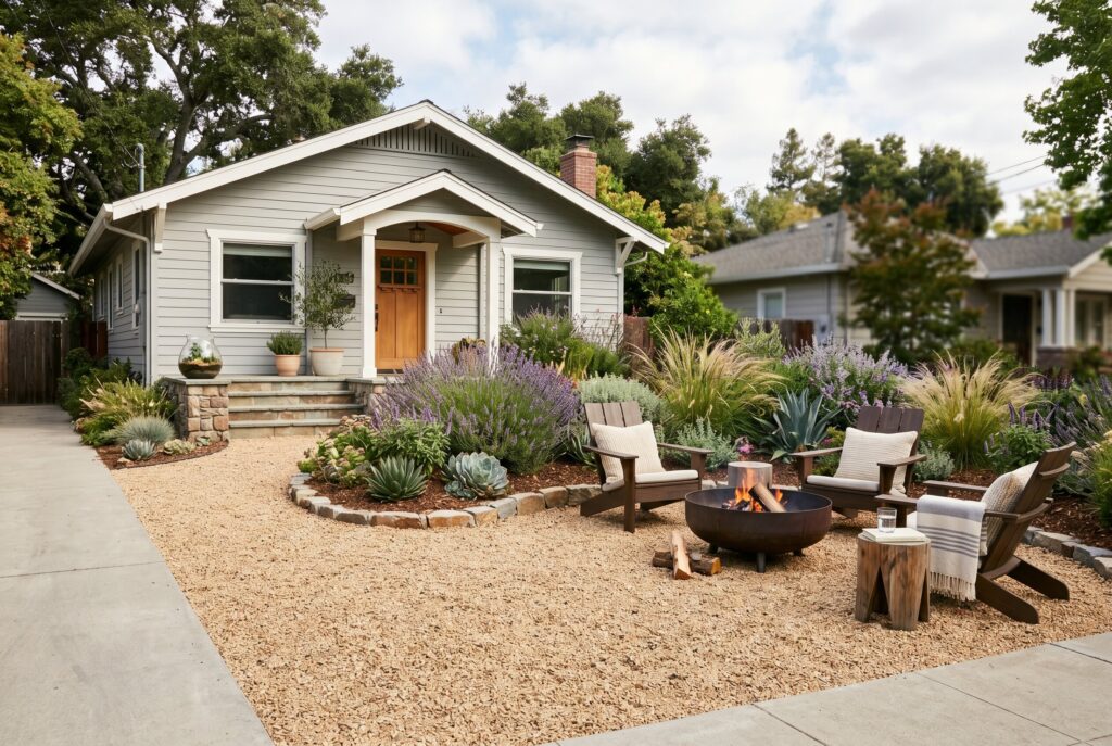 Gravel front yard seating area with fire pit and drought tolerant landscaping.