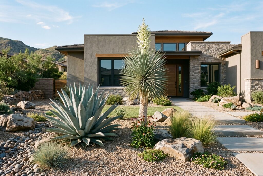 Agave and yucca front yard landscaping with gravel beds and desert modern design.