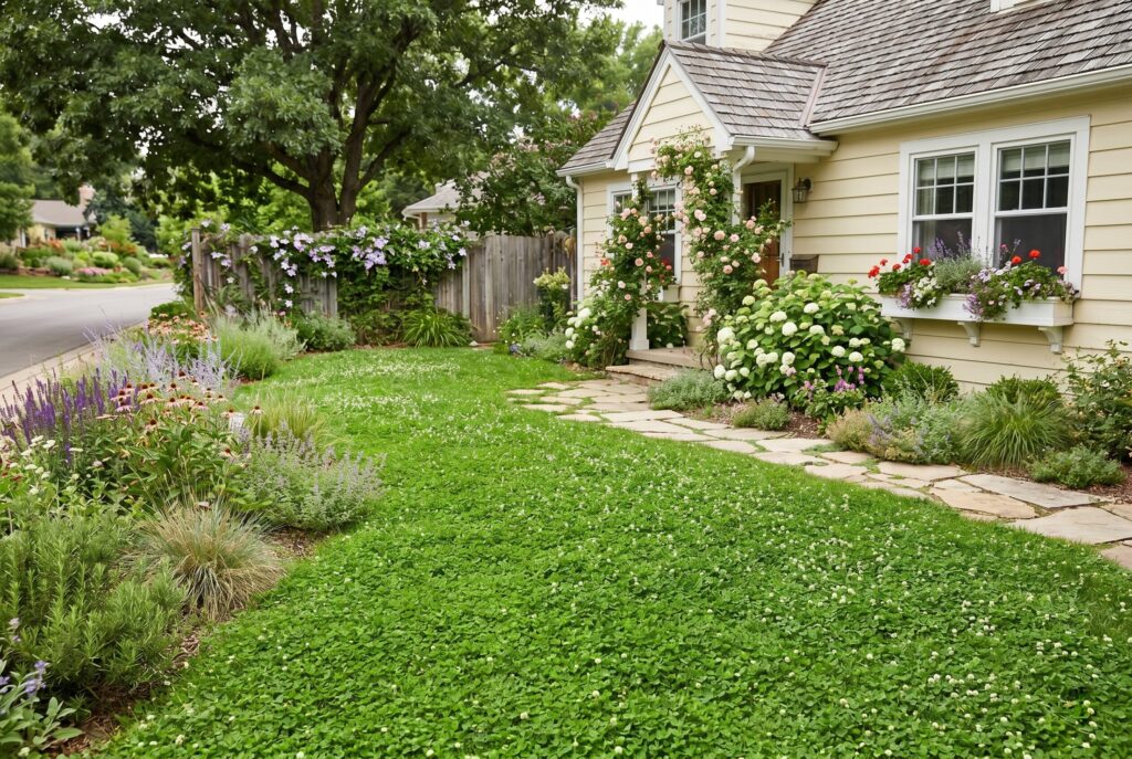 Clover lawn alternative with cottage style landscaping and low maintenance front yard design.