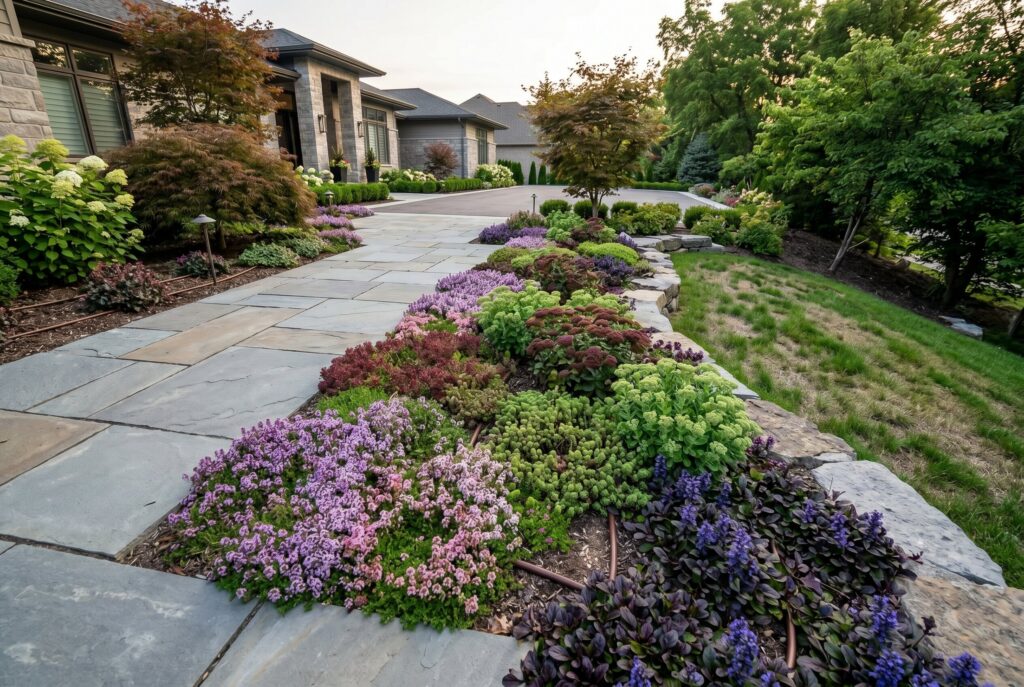 Groundcover landscaping replacing patchy lawn with colorful low maintenance plants.