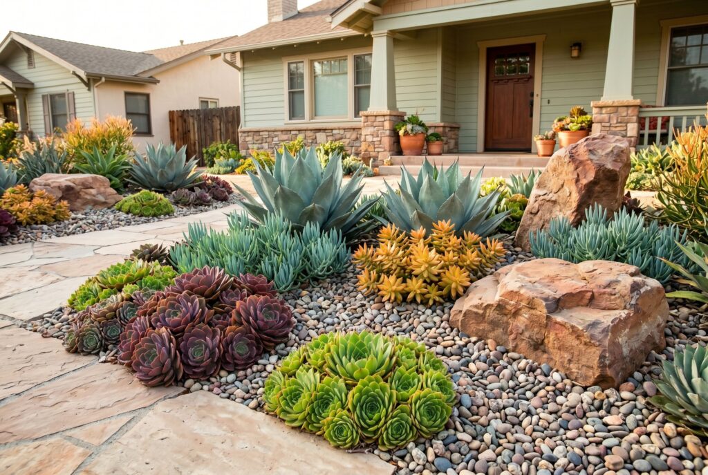 Drought tolerant succulent garden with decorative rocks and low maintenance landscaping.
