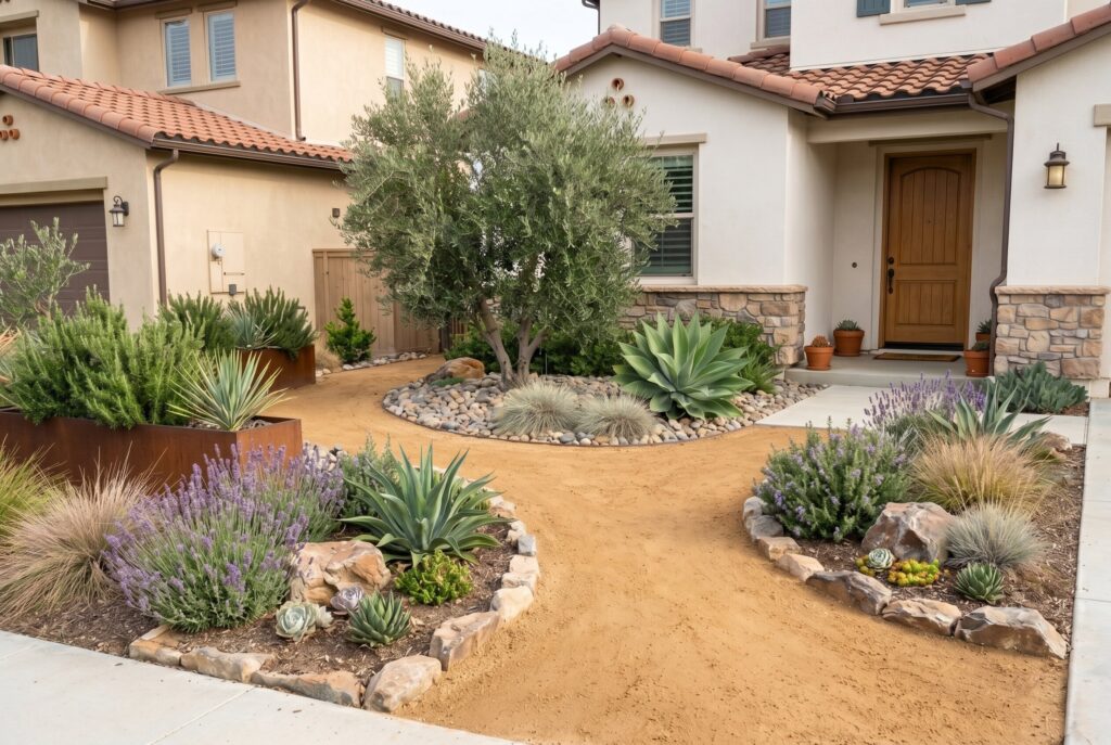 Decomposed granite front yard landscaping with succulents, boulders, and drought tolerant plants.