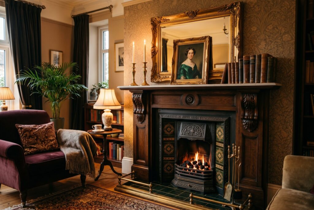 Victorian fireplace focal point with ornate mirror, brass candlesticks, and vintage decor. 