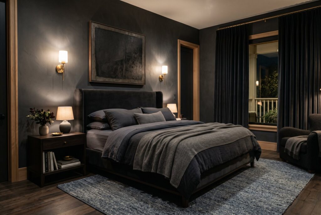 Matte dark bedroom walls with warm lighting and luxury hotel inspired decor. 