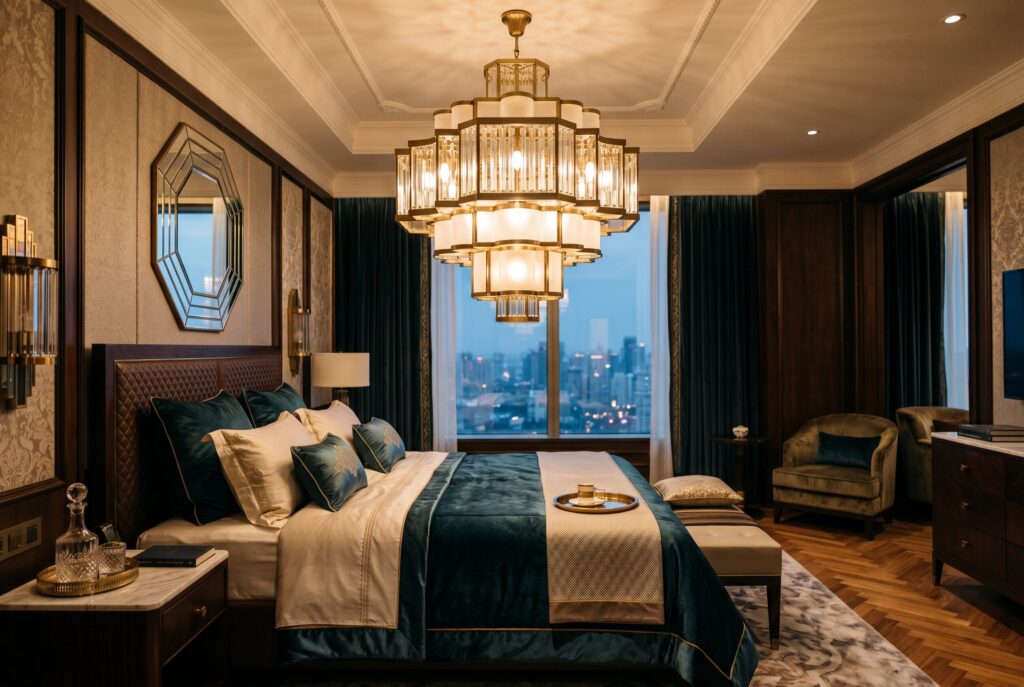 Elegant Art Deco chandelier with tiered glass lighting above luxury hotel style bedroom. 
