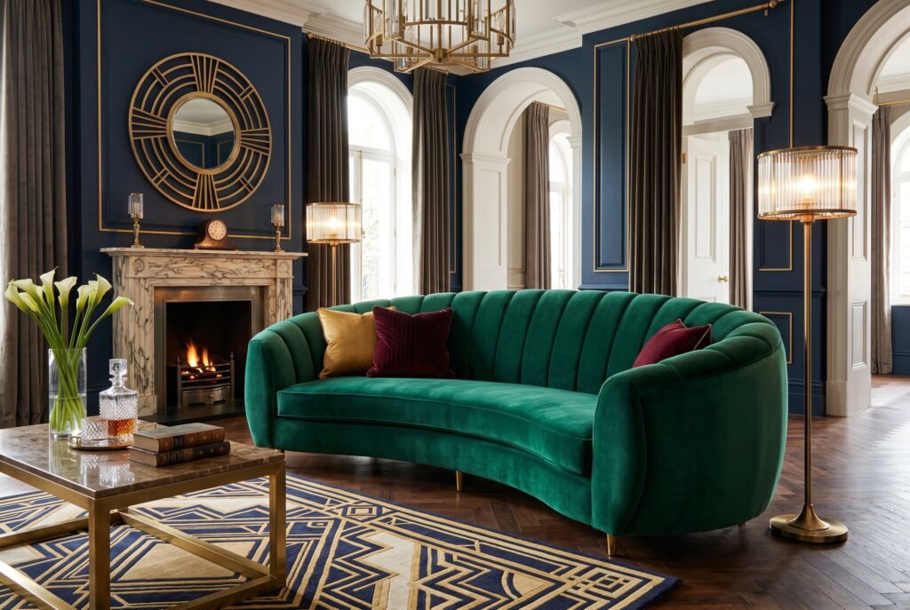 Emerald green curved velvet sofa in glamorous Art Deco living room with fireplace backdrop. 