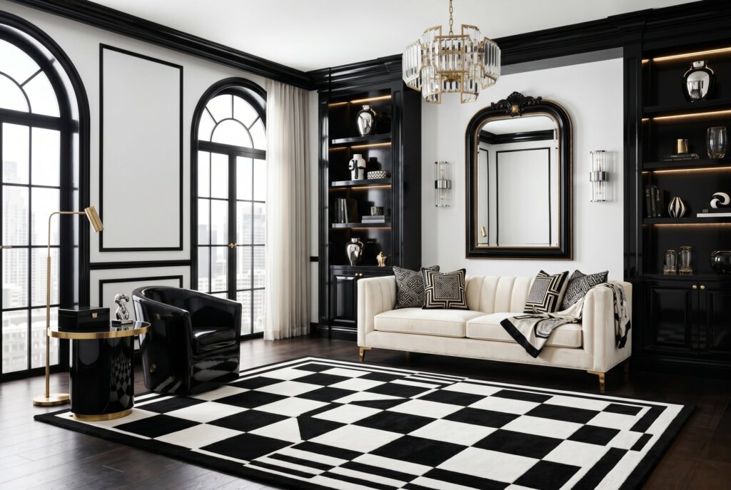 Black and white Art Deco living room with checkerboard floor and geometric wall details. 