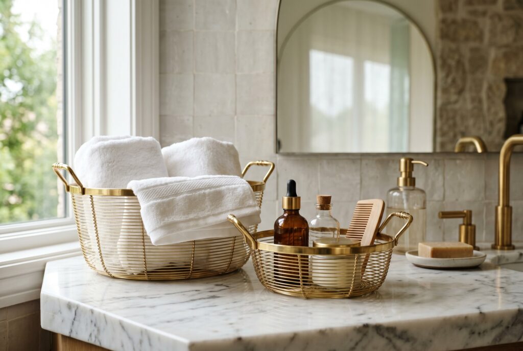 Apothecary glass jars for bathroom counter organization with cotton swabs and bath salts.